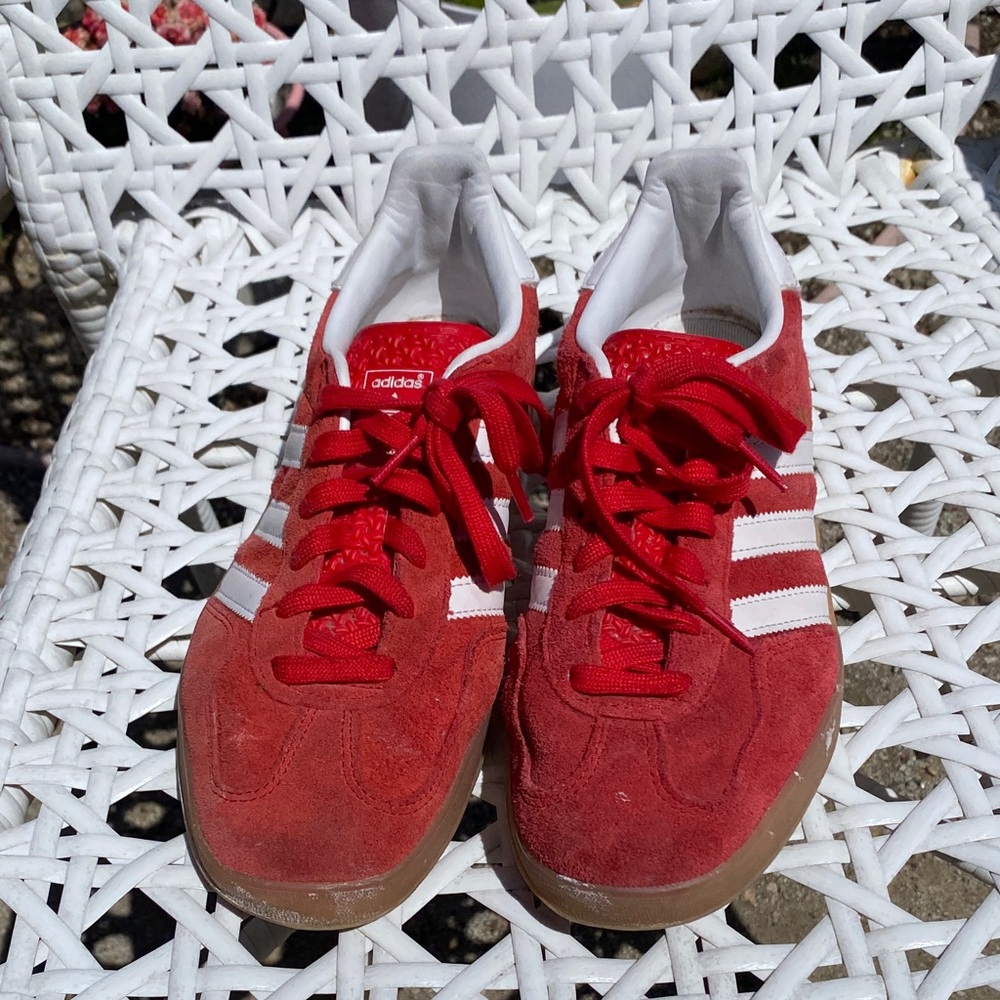 adidas Red Suede Trainers with White Stripes